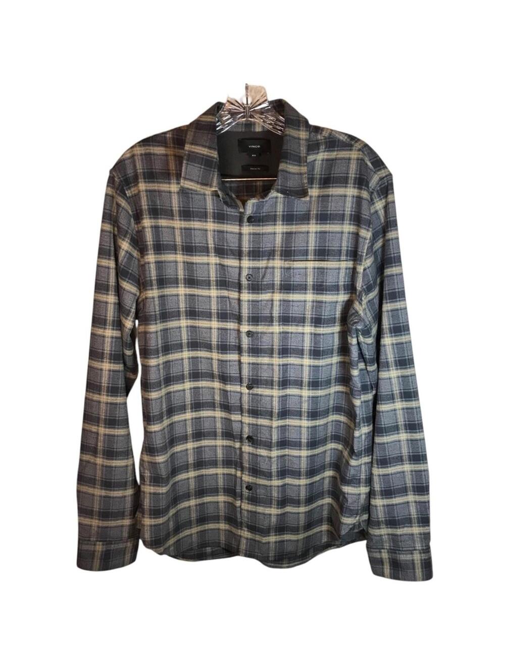 Vince flannel Shirt men M blue plaid long sleeve classic fit cotton lightweight